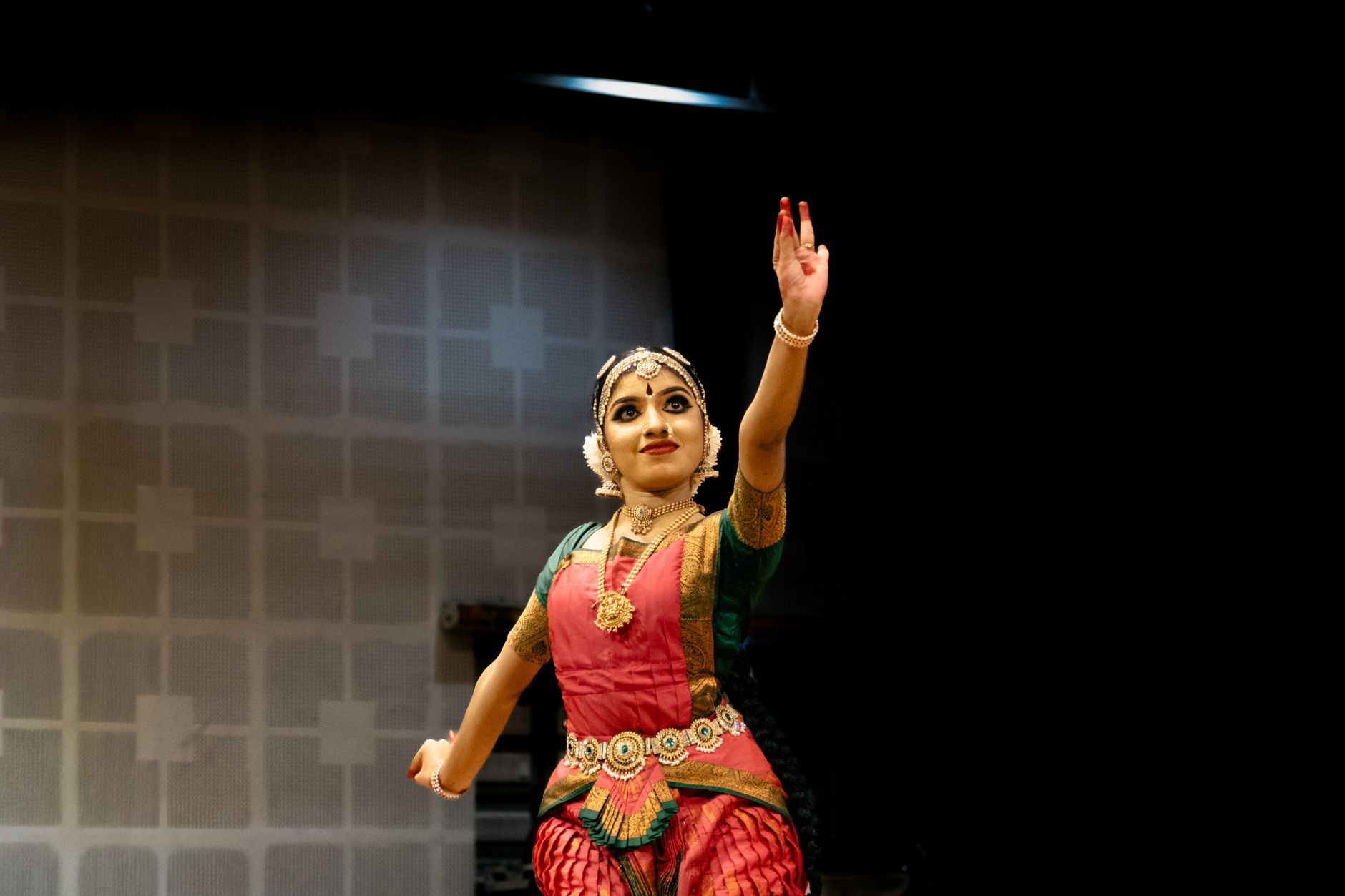 A Bharatanatyam dancer in traditional attire gracefully performing a classical Indian dance on stage.